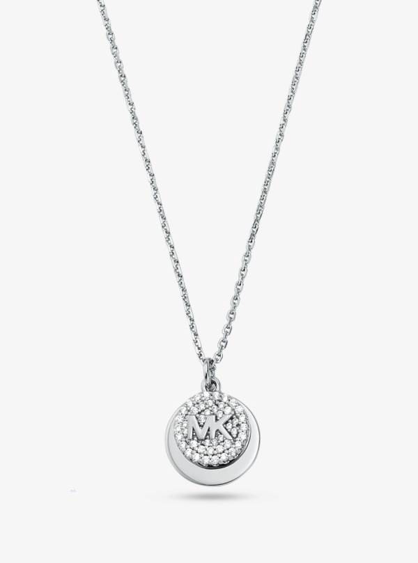Damske Náhrdelník Michael Kors Precious Metal-Plated Sterling Silver Pavé Logo Disc Strieborne - Šperky Michael Kors Vypredaj | MTKUE-5216